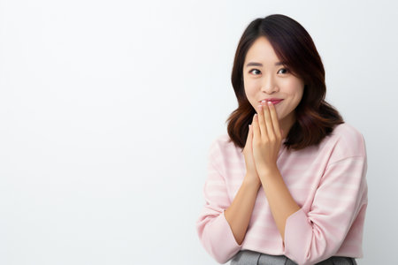 Portrait of a beautiful young asian woman thinking on white backgroundの素材