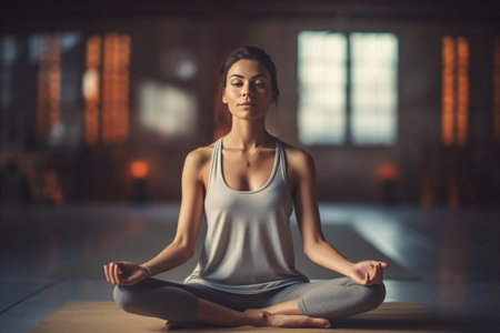 Beautiful young woman practicing yoga in the studio. Yoga concept.の素材