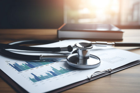 Stethoscope and notebook on wooden desk with sunlight. Medical and healthcare concept.の素材