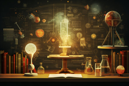 Science and education concept with glowing light bulb and science equipment on dark backgroundの素材