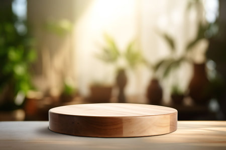 Wooden stand for product display on wooden table and blurred background.の素材