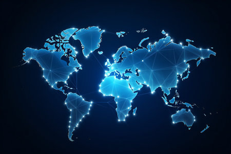 Abstract world map on dark blue background. Global network connection concept.の素材