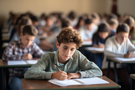 Portrait of schoolboy writing in notebook while sitting at desk in classroomの素材