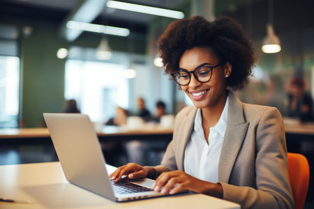 Portrait of smiling afro american businesswoman using laptop in officeの素材