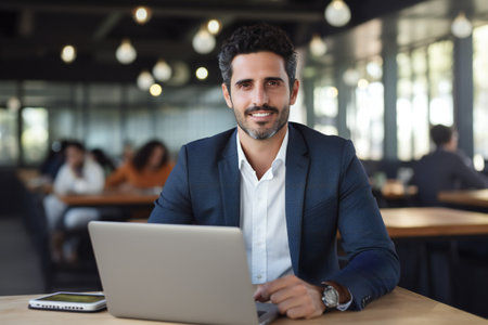 Portrait of smiling businessman using laptop in office with colleagues in backgroundの素材