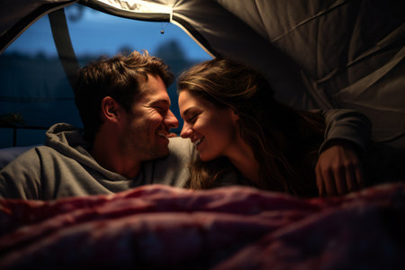 Young couple sleeping in tent at night. They are looking at each other and smiling.の素材