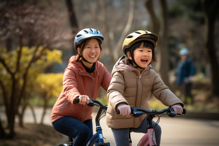 Happy asian family riding bikes in the park. Mother and daughter cycling together.の素材