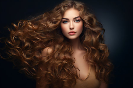 Portrait of beautiful young woman with long curly hair over dark background.の素材