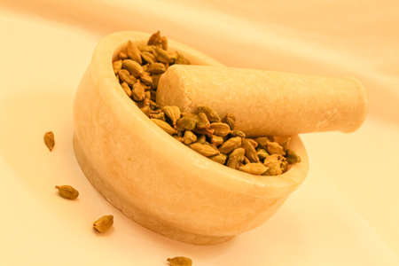 mortar and pestle with spicesの写真素材