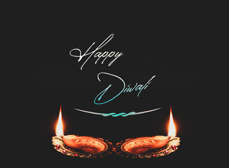 Illustration of Happy Diwali with glowing diyas greeting wish posterの写真素材