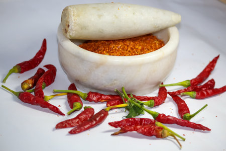 red hot chilli peppers and its powder in motor pestleの写真素材