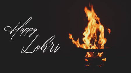 Illustration of Happy Lohri greeting card banner poster wishes message with the fire burning on black backgroundの写真素材