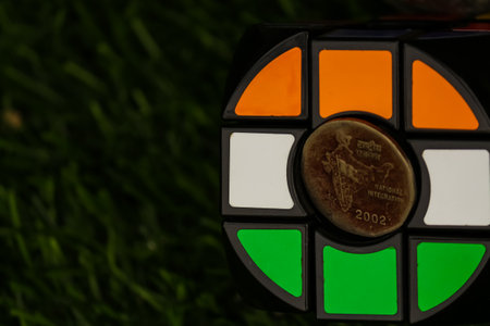 Tricolor Indian flag with a coin in the centreの写真素材