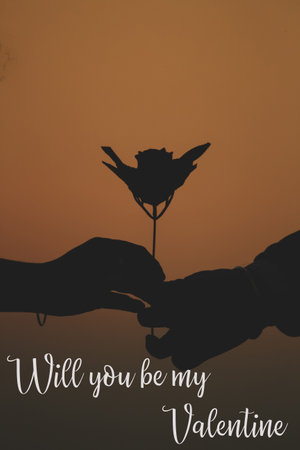 Illustration of Will you be my valentine with a silhouette of flower in handsの写真素材