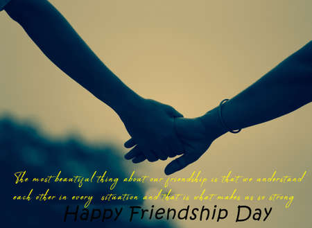 Illustration of Happy Friendship Day banner poster card greeting with friends holding hands in the airの写真素材