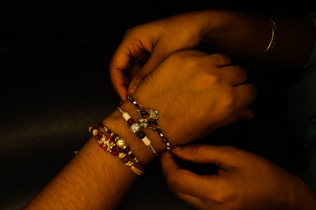 Sister tying rakhi thread on brother's hand Raksha Bandhan special brother-sister love bondの写真素材