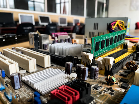 close up of computer circuit board motherboard engineering processorの写真素材