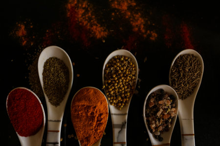 Indian organic spices in white spoons on black background turmeric black pepper coriander saltの写真素材