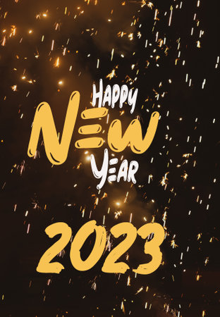Happy New Year 2023 with fireworks celebration wishes greetingの写真素材