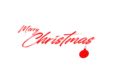 Merry Christmas with red christmas ball on white backgroundの写真素材