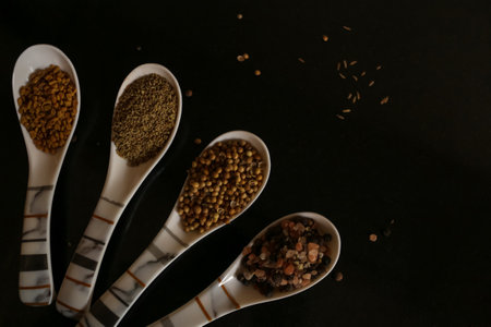 spoon with Indian spices coariander fengureek black pepper black backgroundの写真素材