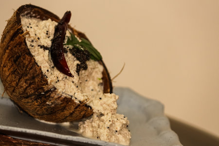 Fresh coconut chutney in coconut shell bowl with red chilliの写真素材