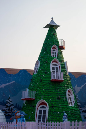 Decorated Christmas tree at the entrance. Merry Christmas and Happy new year.の写真素材