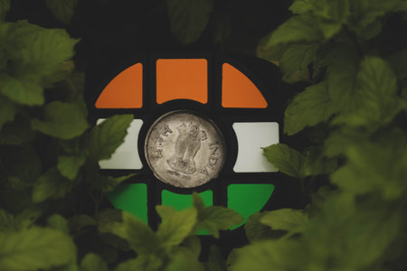 Indian flag tricolor Rubic's cube with Indian coin in the garden with green leaves background. Vintage style.の写真素材
