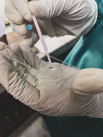 Surgeons hand holding a test tube with blood sample in a hospital. Closeup heath study