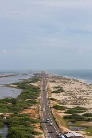 Top view of the road to Dhanushkodi, India. High angle view of the road to the sea, taken from above.の写真素材