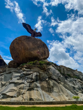 Sculpture of the eagle on a rock in Barcelona, Spain.の写真素材