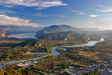  A beautiful rural landscape to France, low mountains, lake and the riverの写真素材