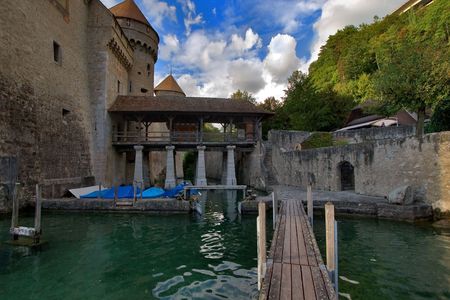 Medieval castle Shilion on lake Leman in Switzerlandの写真素材