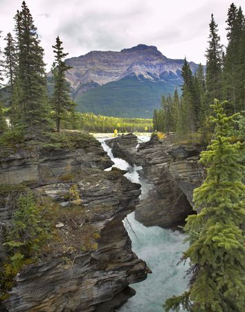 Falls "Athabasca" in a deep canyon in the north of Canadaの写真素材