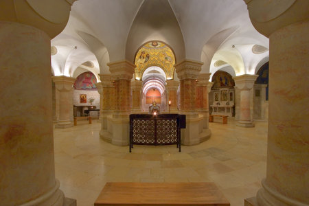 Interior of church Dormitsion with columns and a statue of Sacred  Maria
