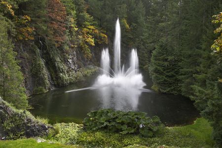  The fountain in the deep lake surrounded by park and lawnsの写真素材