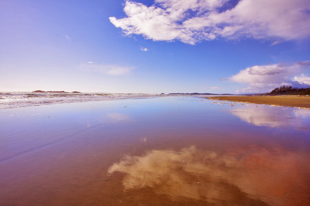 The wide sandy beach filled in by ocean water 