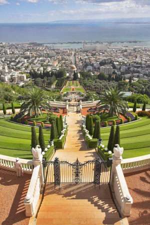 Grandiose magnificent landscape - Bahai gardens, Haifa and Mediterranean seaの写真素材