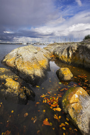 Picturesque coastal stones on coast of ocean passage, overgrown mosses, and sailing yachtsの写真素材