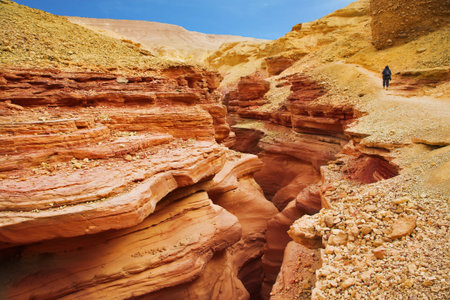 The woman - tourist goes on edge of a picturesque Red canyon in stone desert 