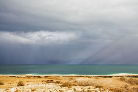 Coast of the Dead Sea during a spring thunder-stormの写真素材