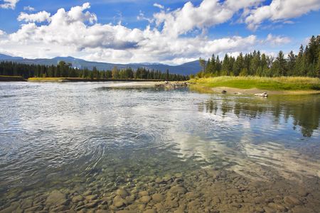 Shallow northern lake with picturesque coastの写真素材
