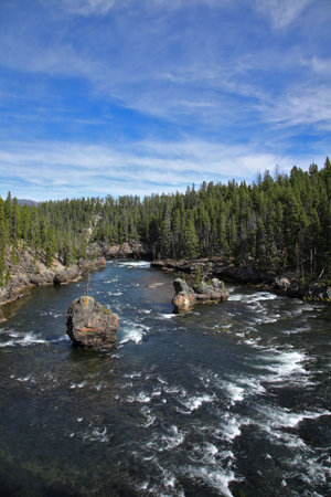 The fast and cold river in an autumn  forest in Canadaの写真素材