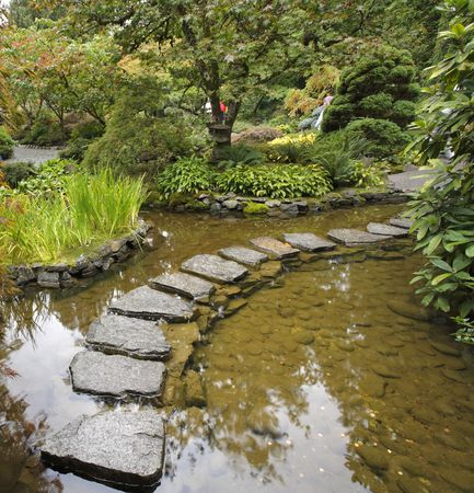 Traditional Japanese garden. A stream and a decorative path from stonesの写真素材