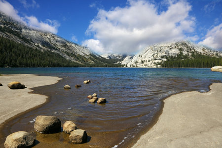 Flat coast of shallow lake in mountains of national park Yosemiteの写真素材