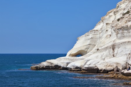 Picturesque sea coast on border of Israel. White rocks and grottoes Rosh-a-Nikraの写真素材