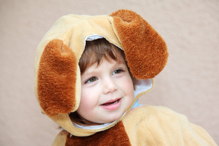 The charming little boy in a fluffy suit for a carnival with long braun ears cheerfully smilesの写真素材