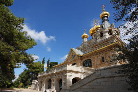 Church of Mary Magdalene in Jerusalem. Golden domes and creamy Jerusalem stone walls