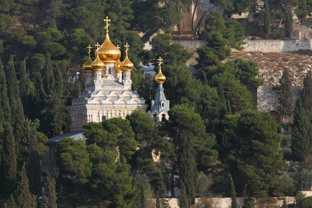 Golden domes of the Church of Mary Magdalene and cypresses. Mount of Olives, Jerusalem
の写真素材