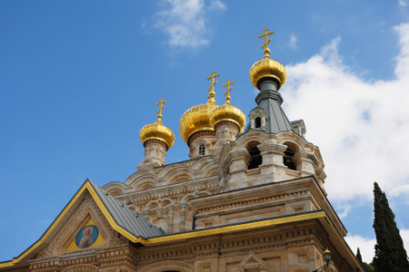 Church of Mary Magdalene in Jerusalem. Golden domes and creamy Jerusalem stone wallsの写真素材